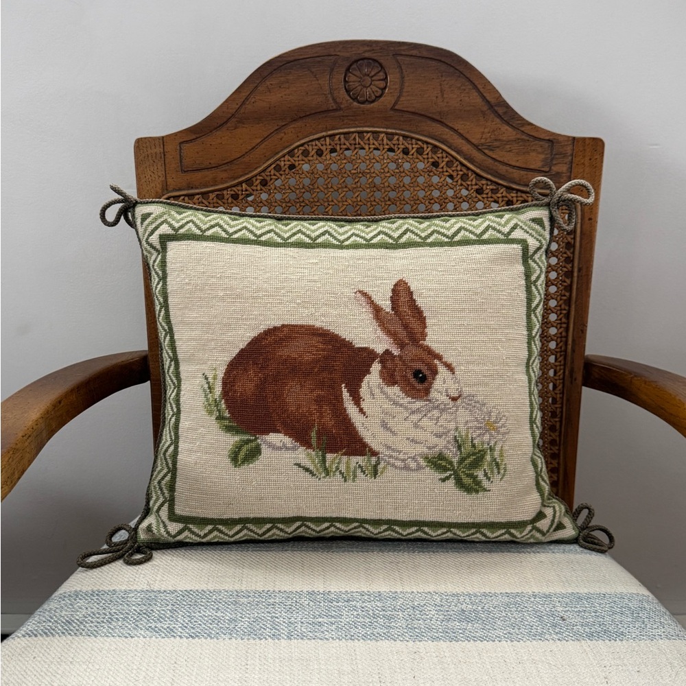 100% Wool Katha Diddel Needlepoint Rabbit Pillow 12”x14”